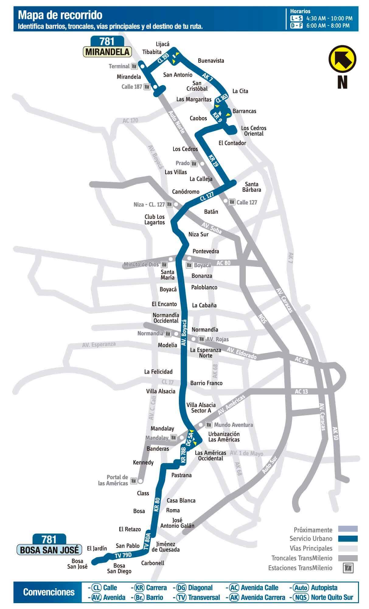 Mapa de la ruta 781 del SITP