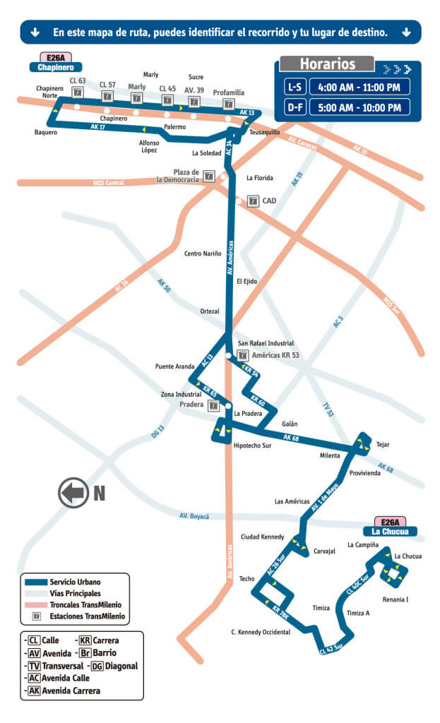 Mapa de la Ruta E26A La Chucua - Chapinero SITP Bogotá