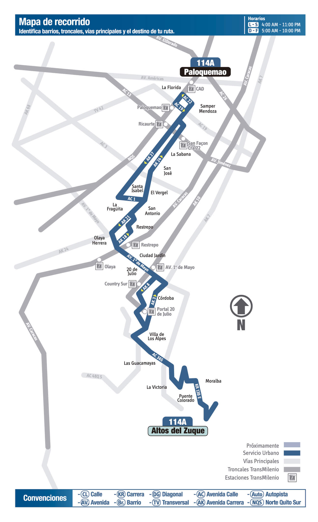 Mapa de la ruta 114A del SITP