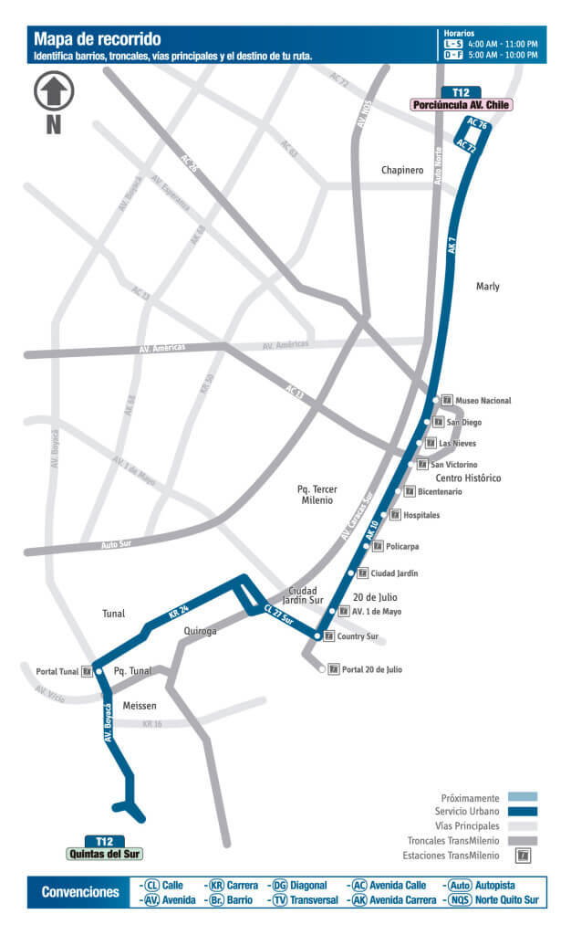 Mapa de la ruta T12 del SITP