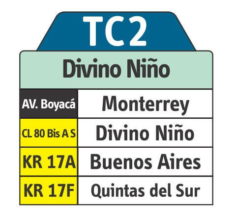tabla de la ruta TC2 del SITP