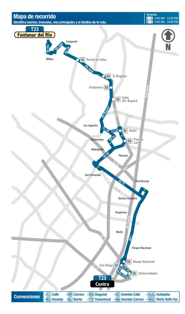 Mapa de la ruta T23 del SITP