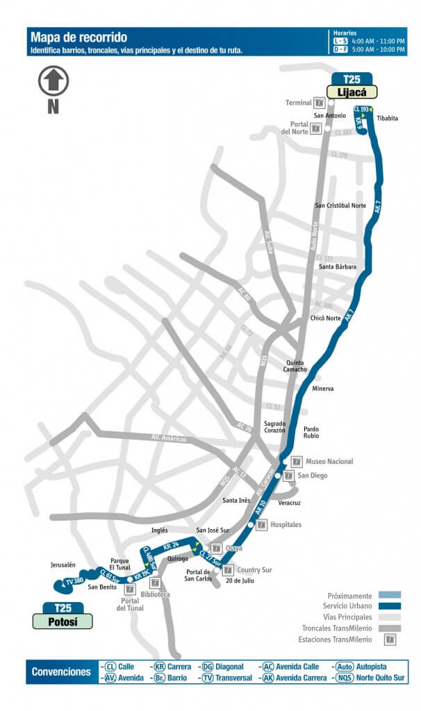 Mapa de la ruta T25 del SITP