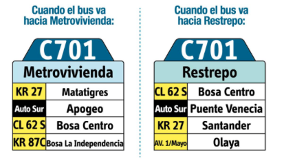 Tabla de la Ruta C701 del Sistema integrado de transporte de Bogotá