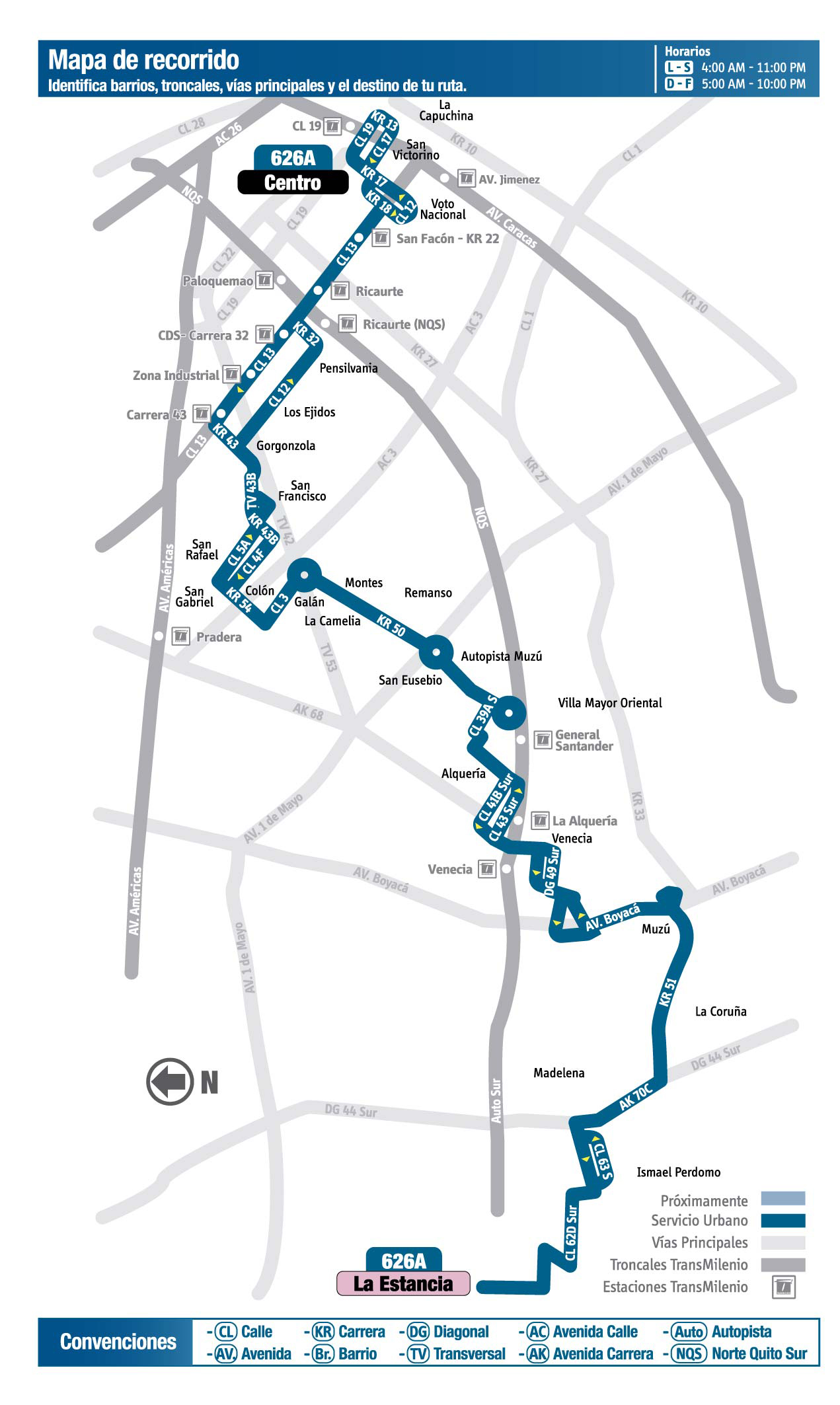 mapa de la ruta 626A del SITP